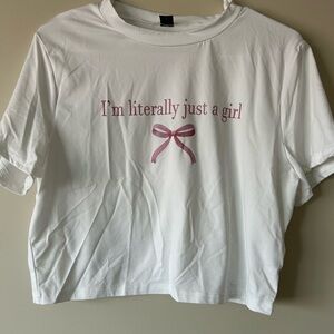 SHEIN White and Pink Short Sleeve Tee with Bow Graphic